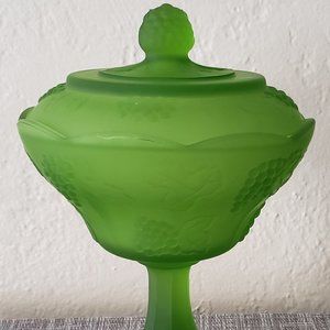 Indiana Glass Frosted Green Candy Dish Grape Design With Lid (No Chips/Cracks)